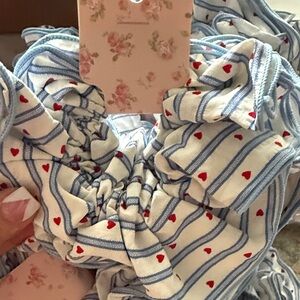 Blue and White Striped Hair Scrunchie with Red Hearts NWT